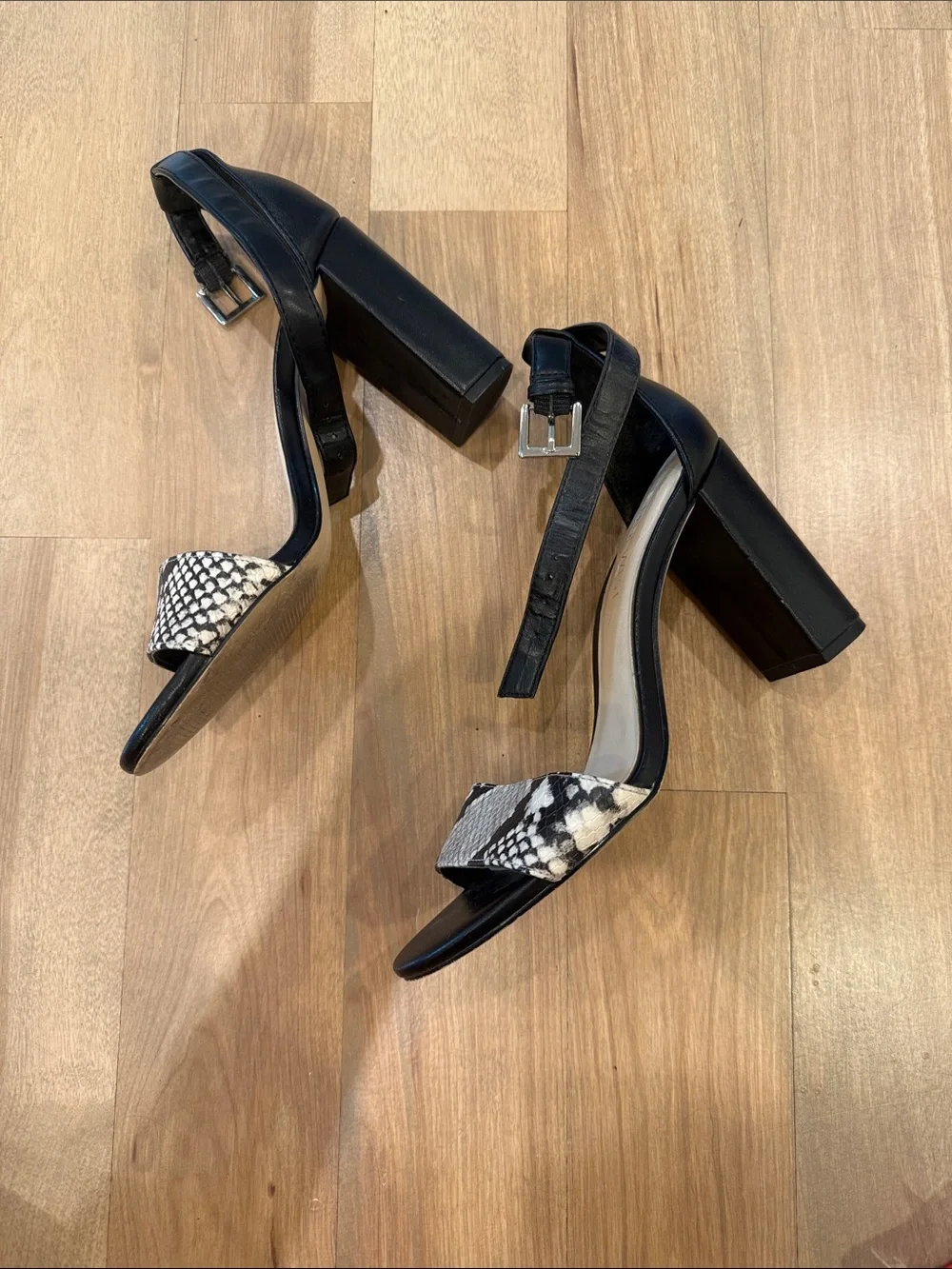 Nine West Black Sandals with Snake-Print Front Strap